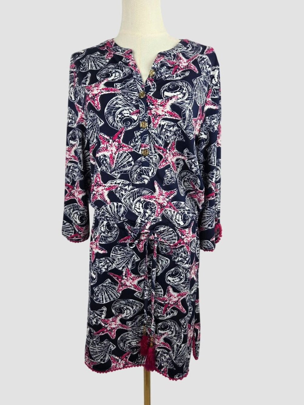 Tracy Negoshian Dress Large Blue Pink Shell Starfish Print Tropical Pom Pom Trim